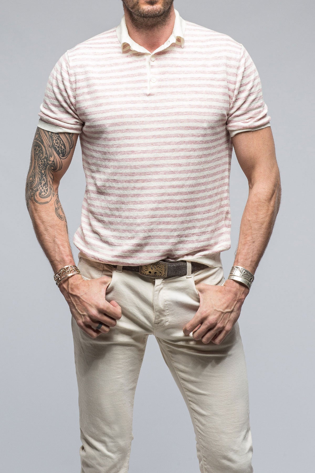 Cosimo Striped Linen Polo in Washed Burgundy | Mens - Shirts - Polos | Baldassari