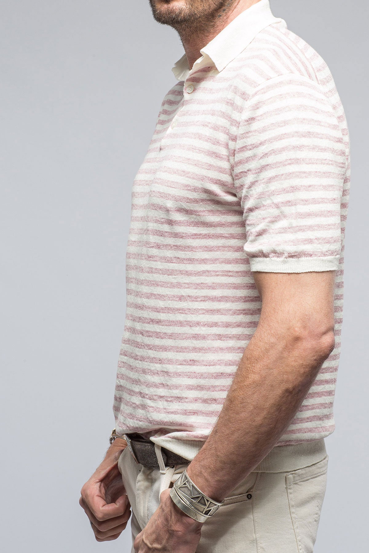 Cosimo Striped Linen Polo in Washed Burgundy | Mens - Shirts - Polos | Baldassari