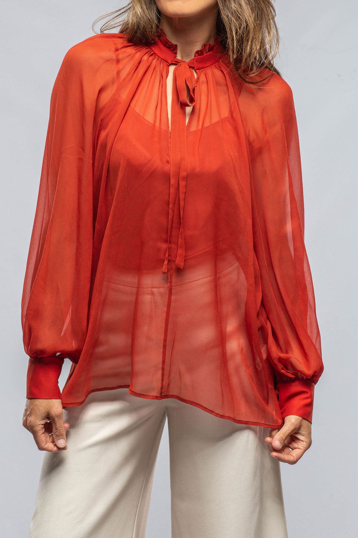 Bishop Sleeve Blouse In Tomato Silk Chiffon | Ladies - Blouses | VOZ