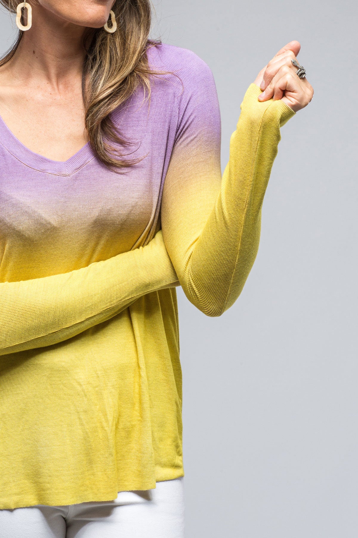 Mimi Micromodal V-Neck Top In Purple/Yellow | Ladies - Tops | Avant Toi