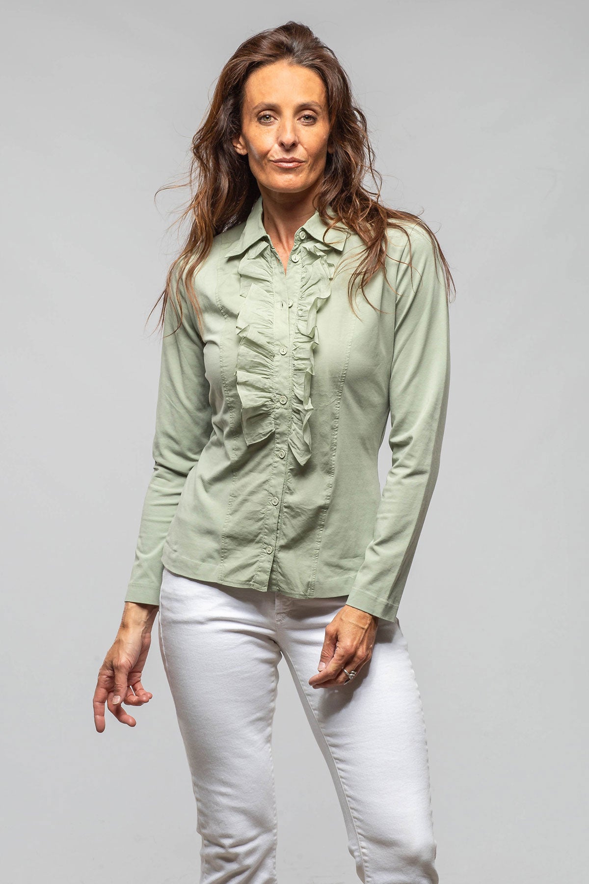 Pennelope Ruffle Front Shirt In Sage