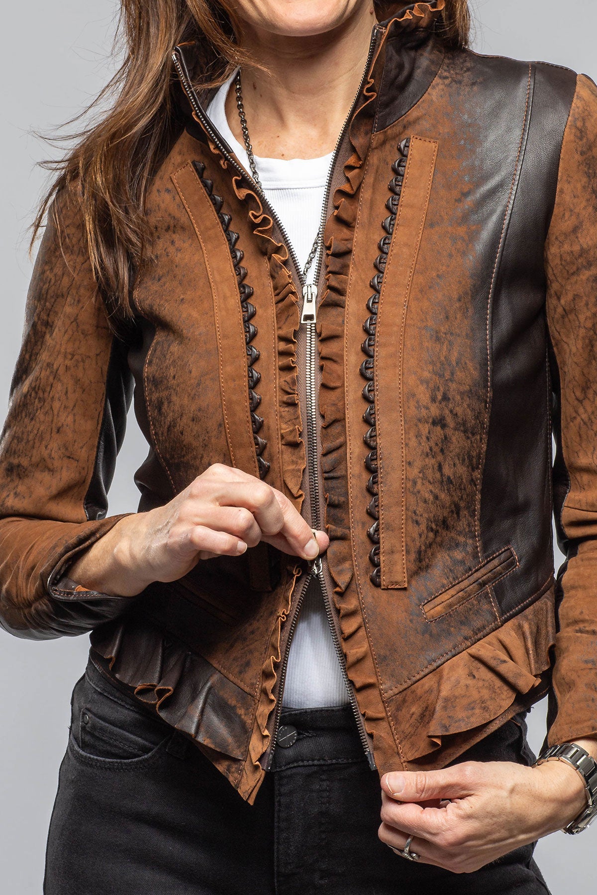 Artico Bailey Ruffle Front Jacket In Vintage Cognac Ladies - Outerwear - Leather