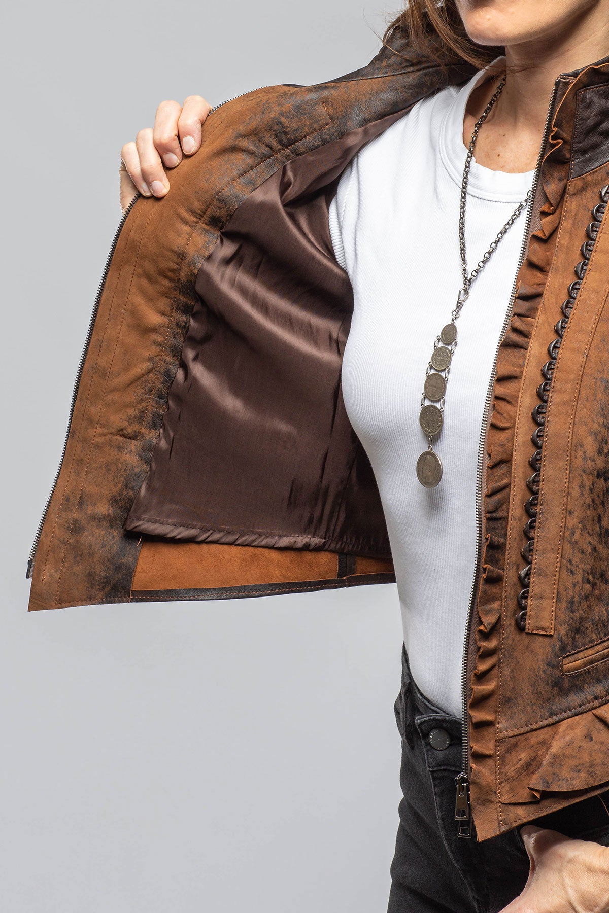 Artico Bailey Ruffle Front Jacket In Vintage Cognac Ladies - Outerwear - Leather