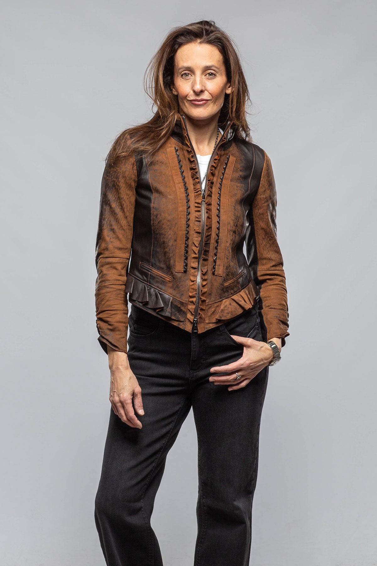 Artico Bailey Ruffle Front Jacket In Vintage Cognac Ladies - Outerwear - Leather