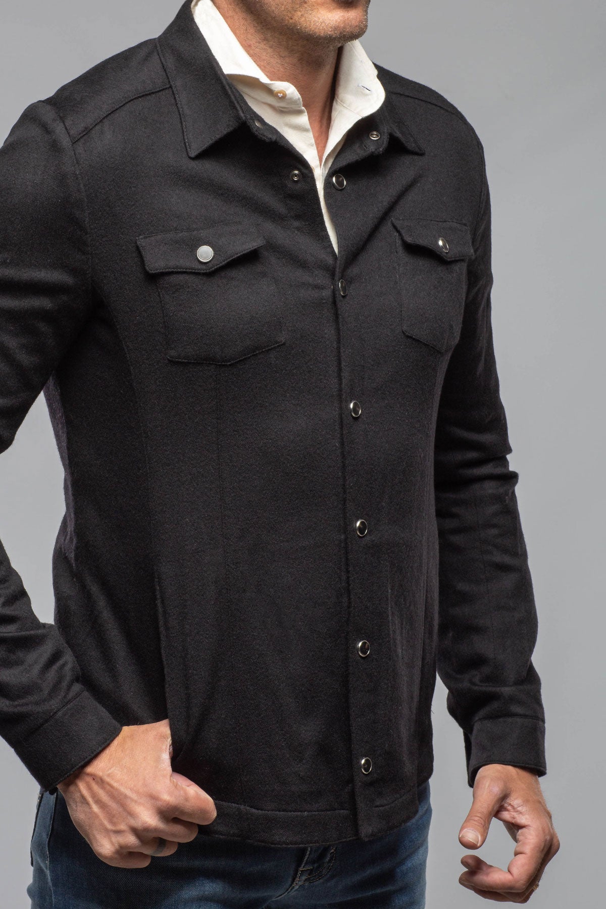 Axel's Florence Collection Ashford Lux Cashmere Silk Snap Shirt In Black Mens - Outerwear - Overshirts