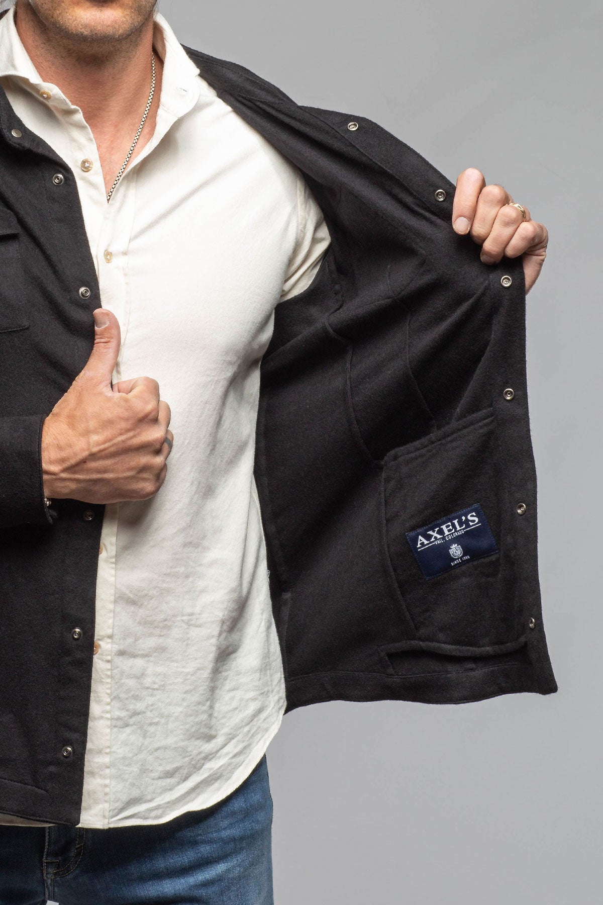 Axel's Florence Collection | Ashford Lux Cashmere Silk Snap Shirt In Black | Mens - Outerwear - Overshirts