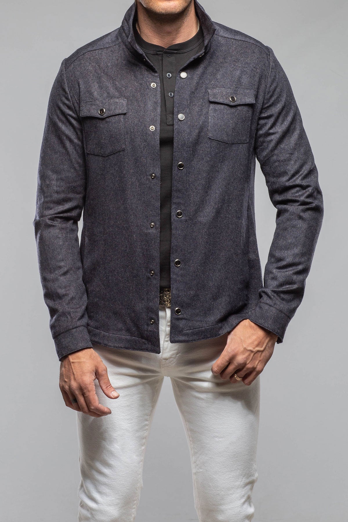 Axel's Florence Collection | Ashford Lux Cashmere Silk Snap Shirt In Blue | Mens - Outerwear - Overshirts