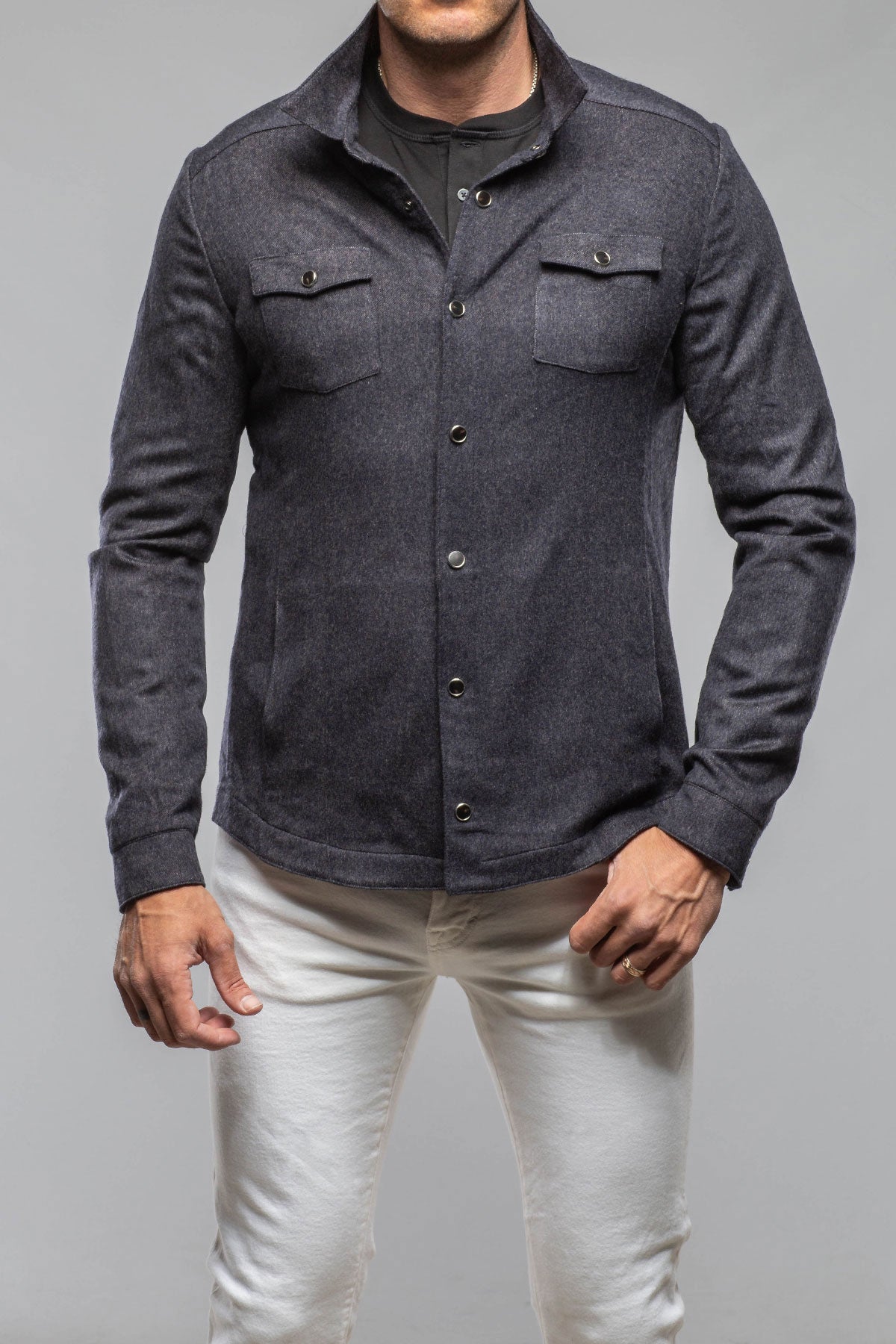 Axel's Florence Collection Ashford Lux Cashmere Silk Snap Shirt In Blue Mens - Outerwear - Overshirts