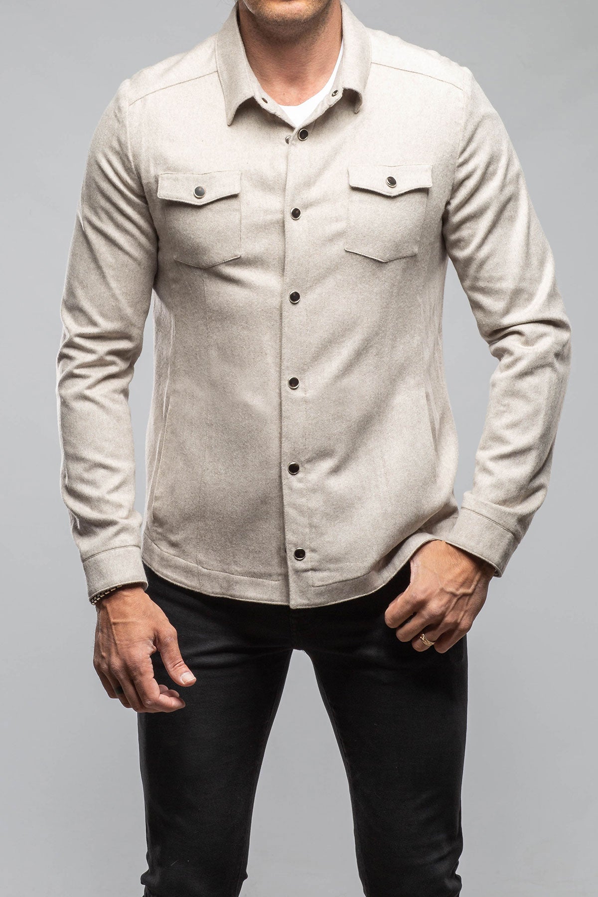 Axel's Florence Collection | Ashford Lux Cashmere Silk Snap Shirt In Taupe | Mens - Outerwear - Overshirts