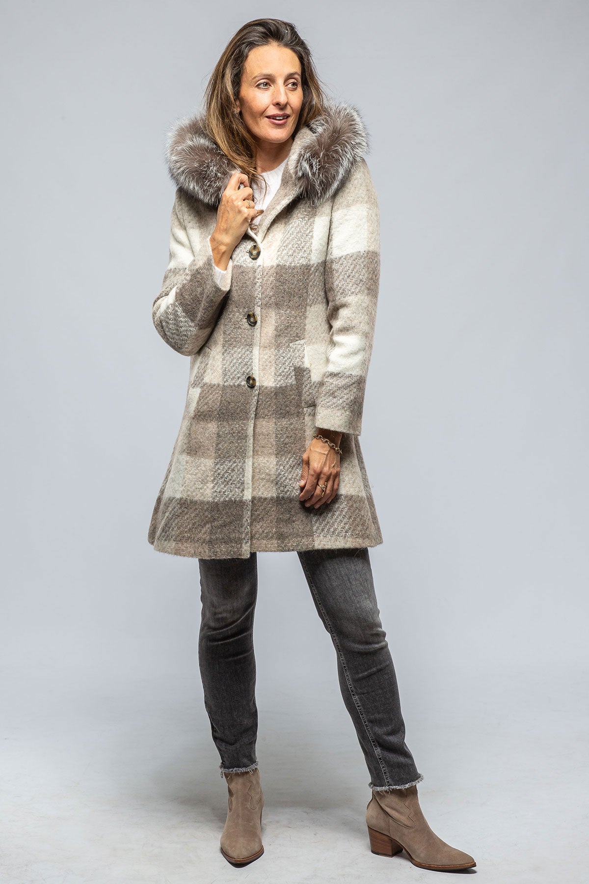 Axel's Florence Collection Celine Plaid Coat W/ Fur Trim Hood In Beige Ladies - Outerwear - Cloth