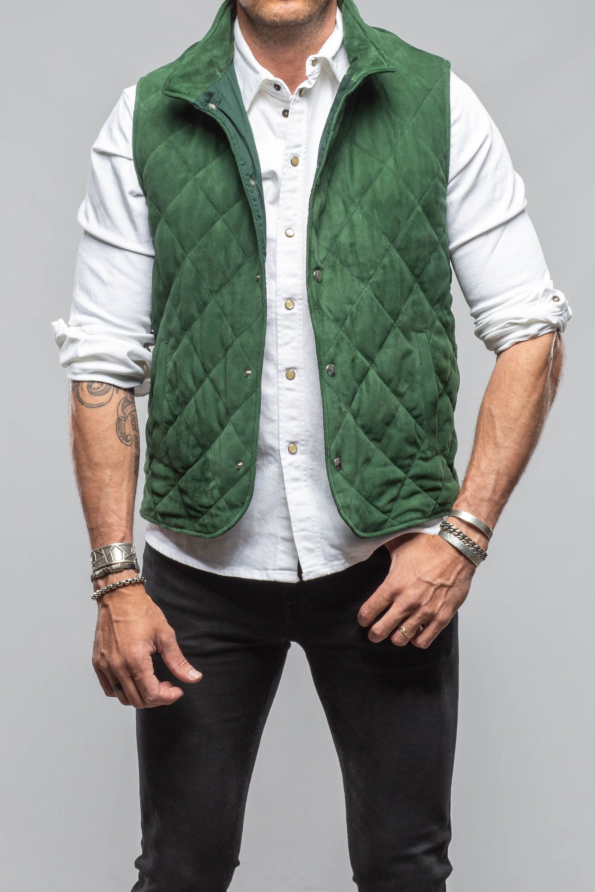 Axel's Florence Collection Diamond Hooded Vest In Emerald Mens - Outerwear - Leather