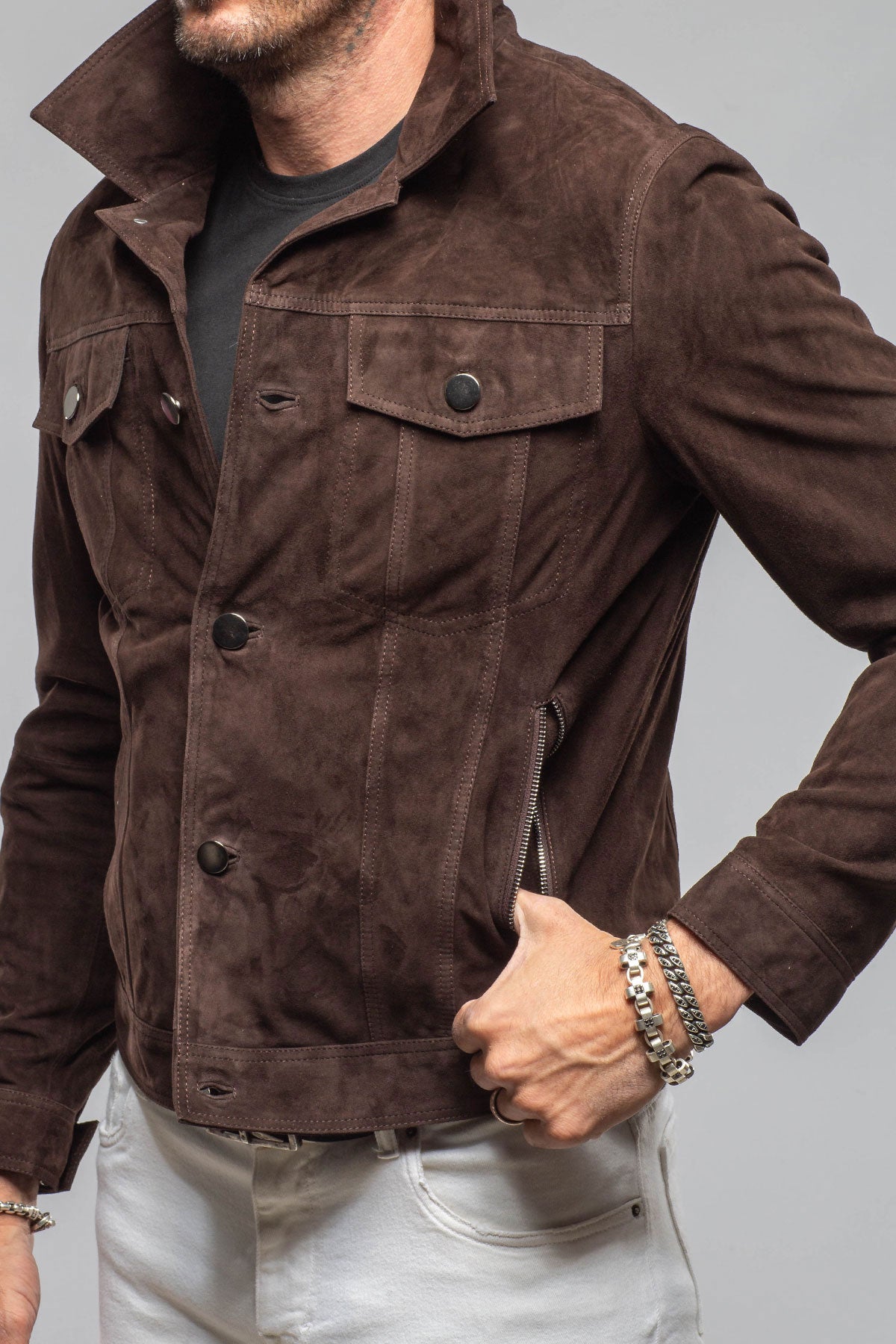 Axel's Florence Collection Ethan Sueded Jean Jacket In Chocolate Brown Mens - Outerwear - Leather