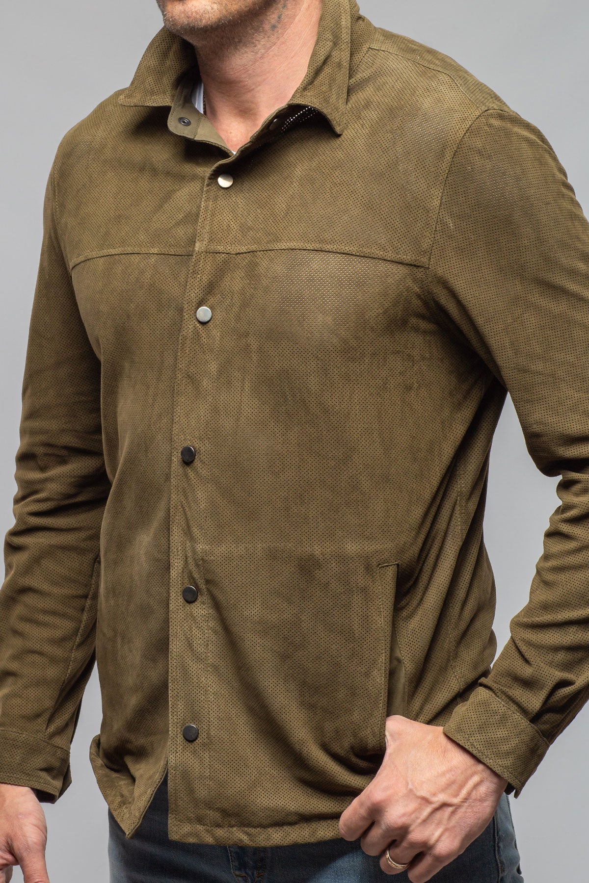 Axel's Florence Collection Johnston Perforated Suede Snap Shirt Samples - Mens - Outerwear - Leather