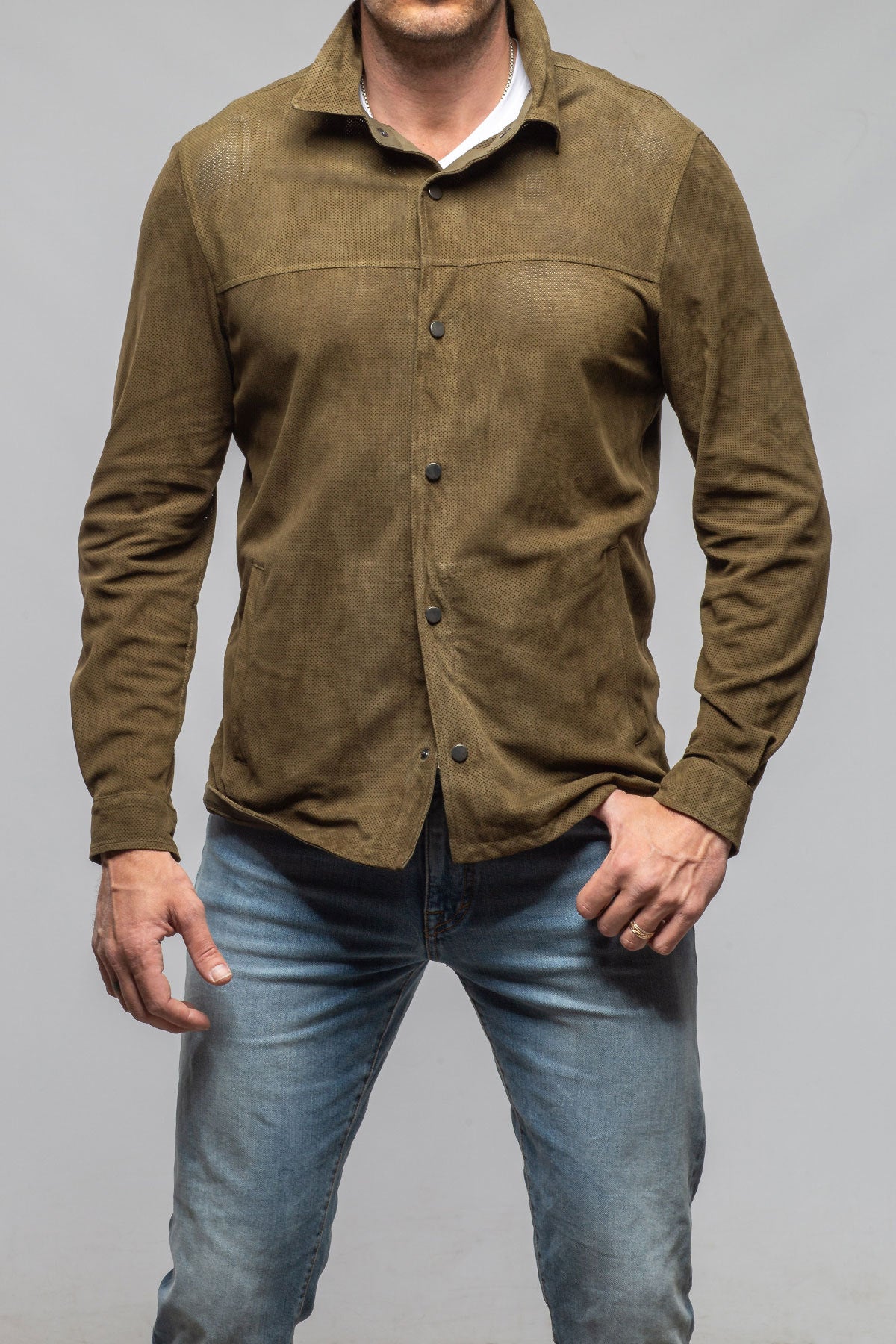 Axel's Florence Collection Johnston Perforated Suede Snap Shirt Samples - Mens - Outerwear - Leather