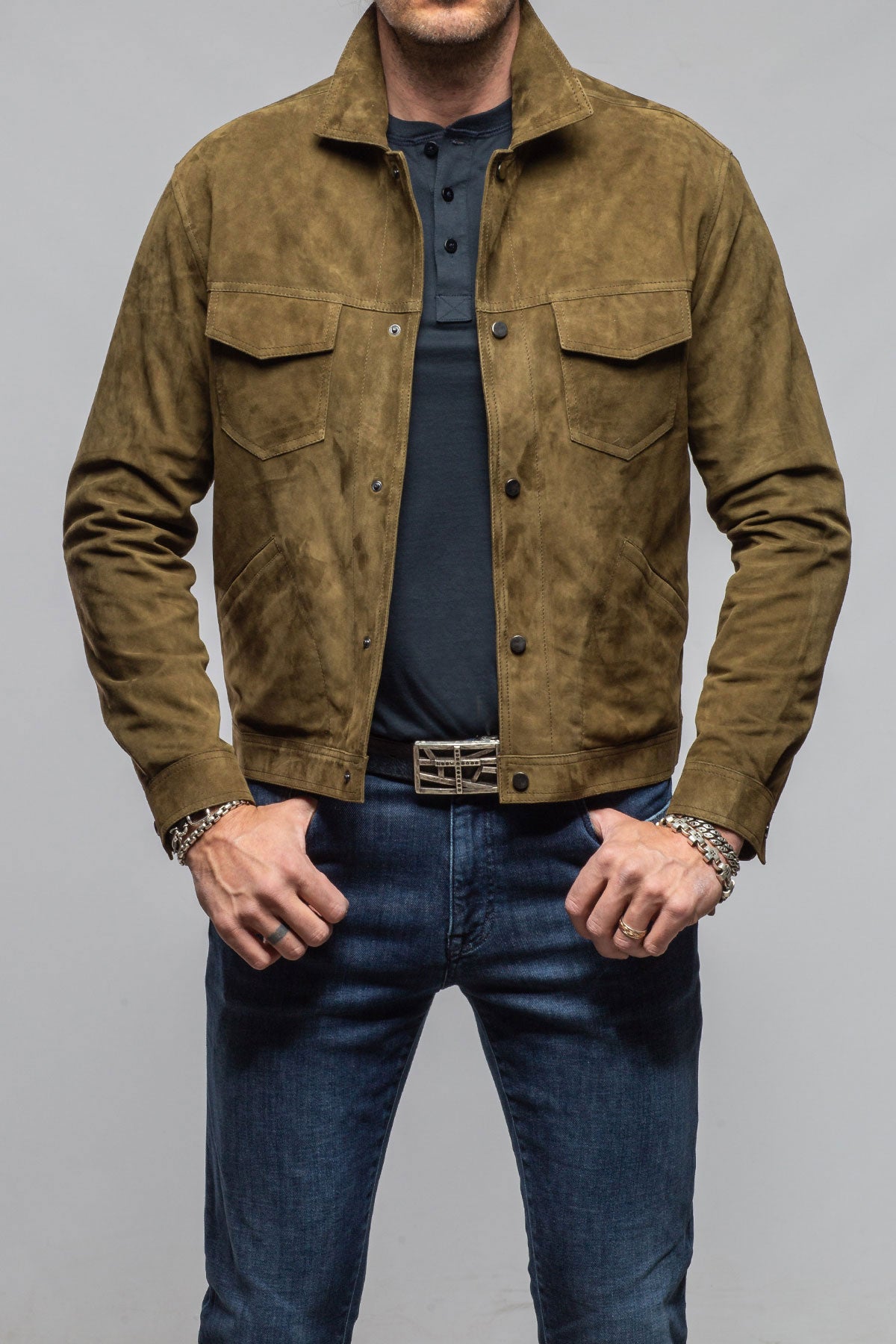 Axel's Florence Collection Lewis Snap Shirt In Verde Samples - Mens - Outerwear - Leather