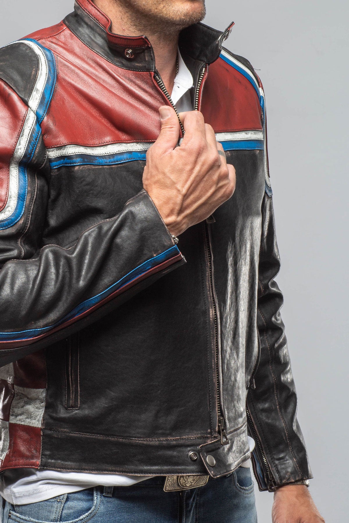 Axel's Florence Collection Retro Biker Jacket In Burgundy, White Mens - Outerwear - Leather