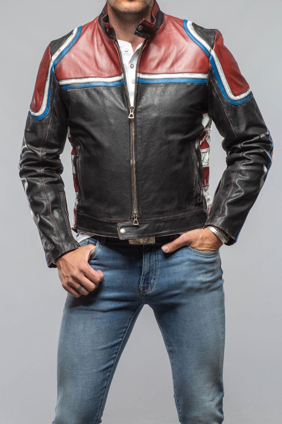 Axel's Florence Collection Retro Biker Jacket In Burgundy, White Mens - Outerwear - Leather