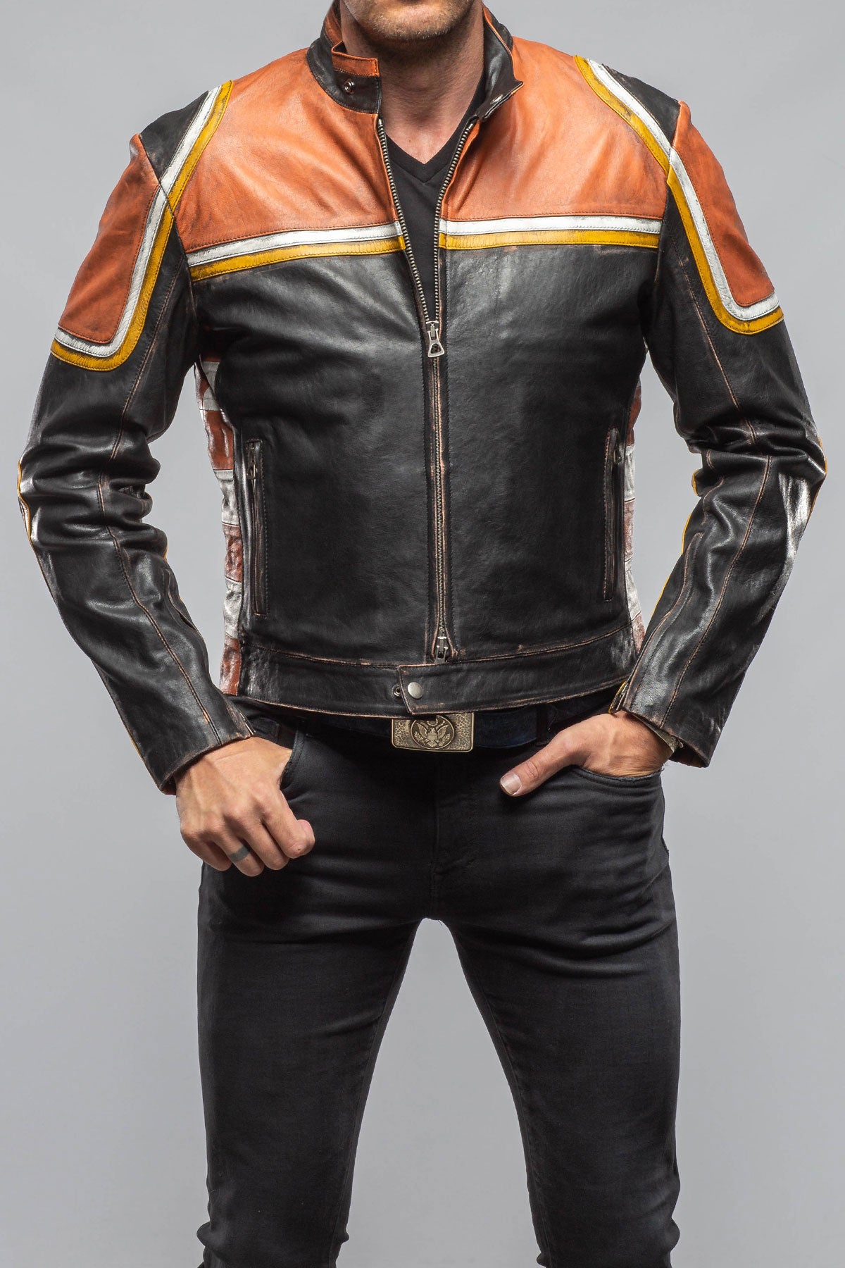 Axel's Florence Collection Retro Biker Jacket In Yellow, White Mens - Outerwear - Leather