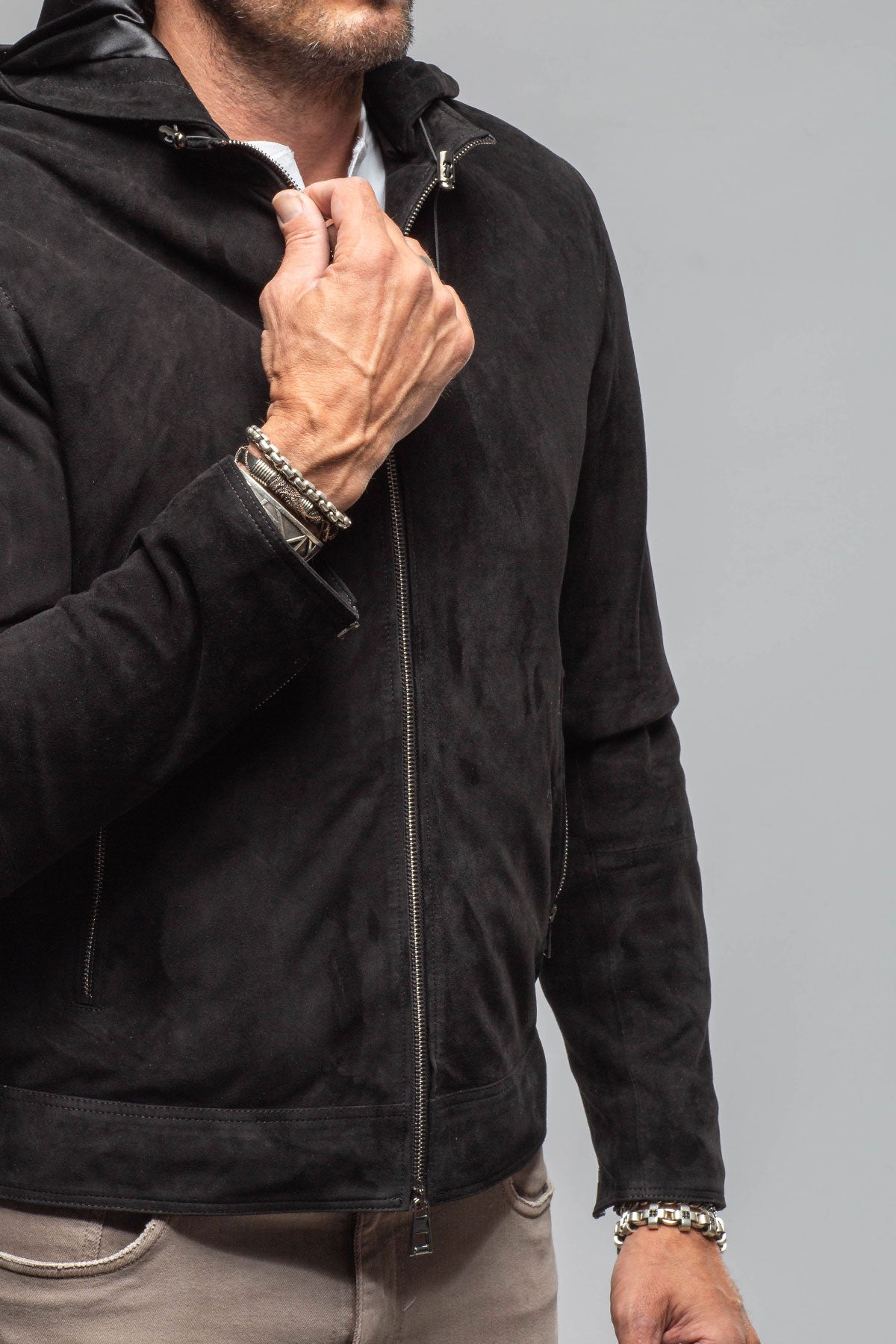 Riva Hooded Suede Jacket In Black | Mens - Outerwear - Leather | Axel's Florence Collection