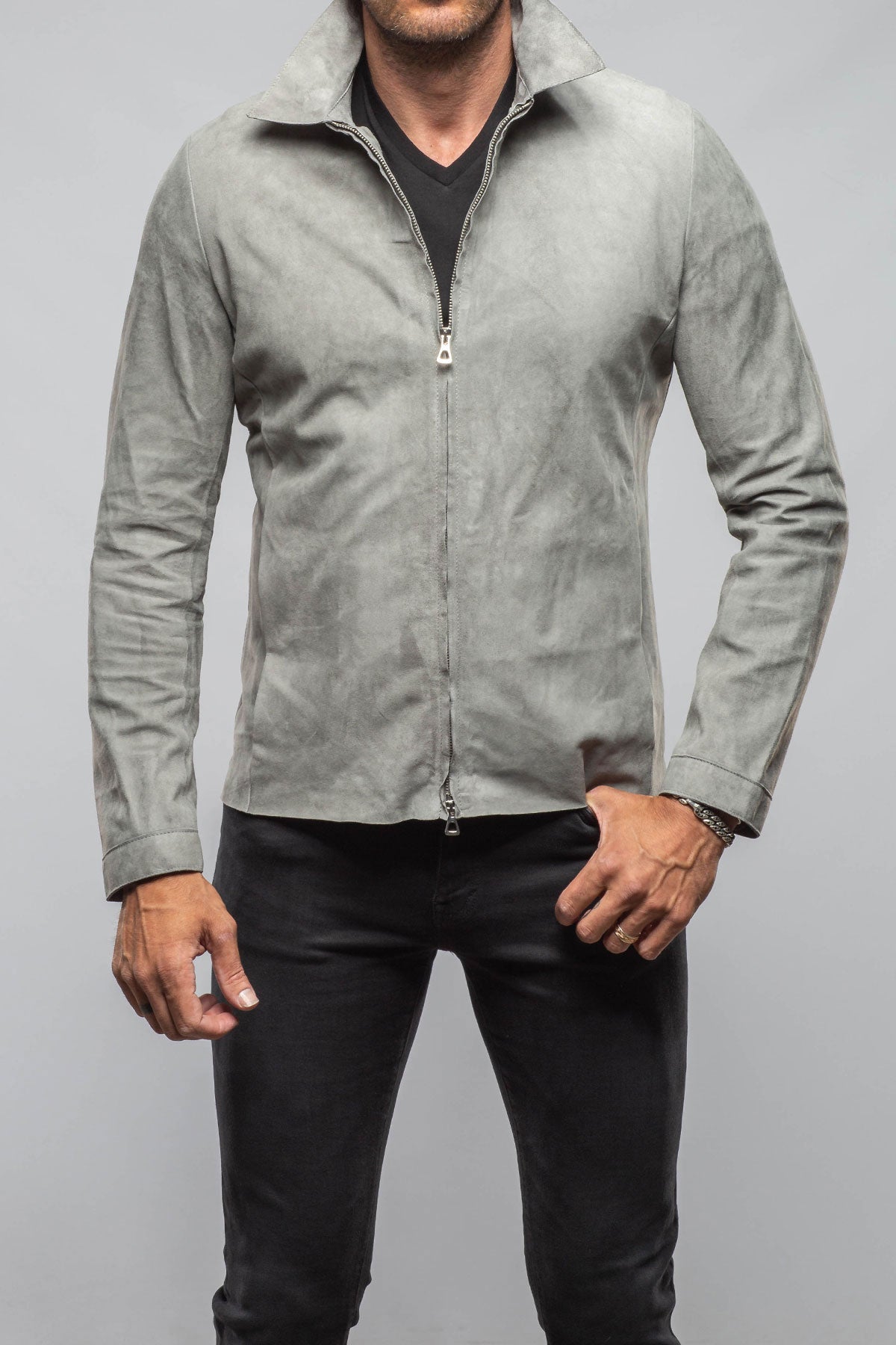 Axel's Florence Collection | The Don II Suede Zip Jacket In Grey | Mens - Outerwear - Leather