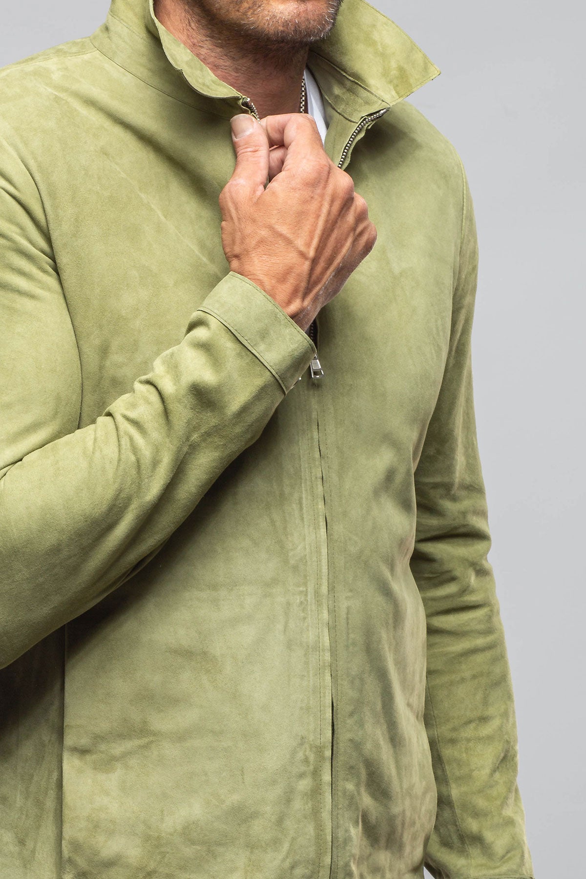 Axel's Florence Collection | The Don II Suede Zip Jacket In Salvia | Mens - Outerwear - Leather