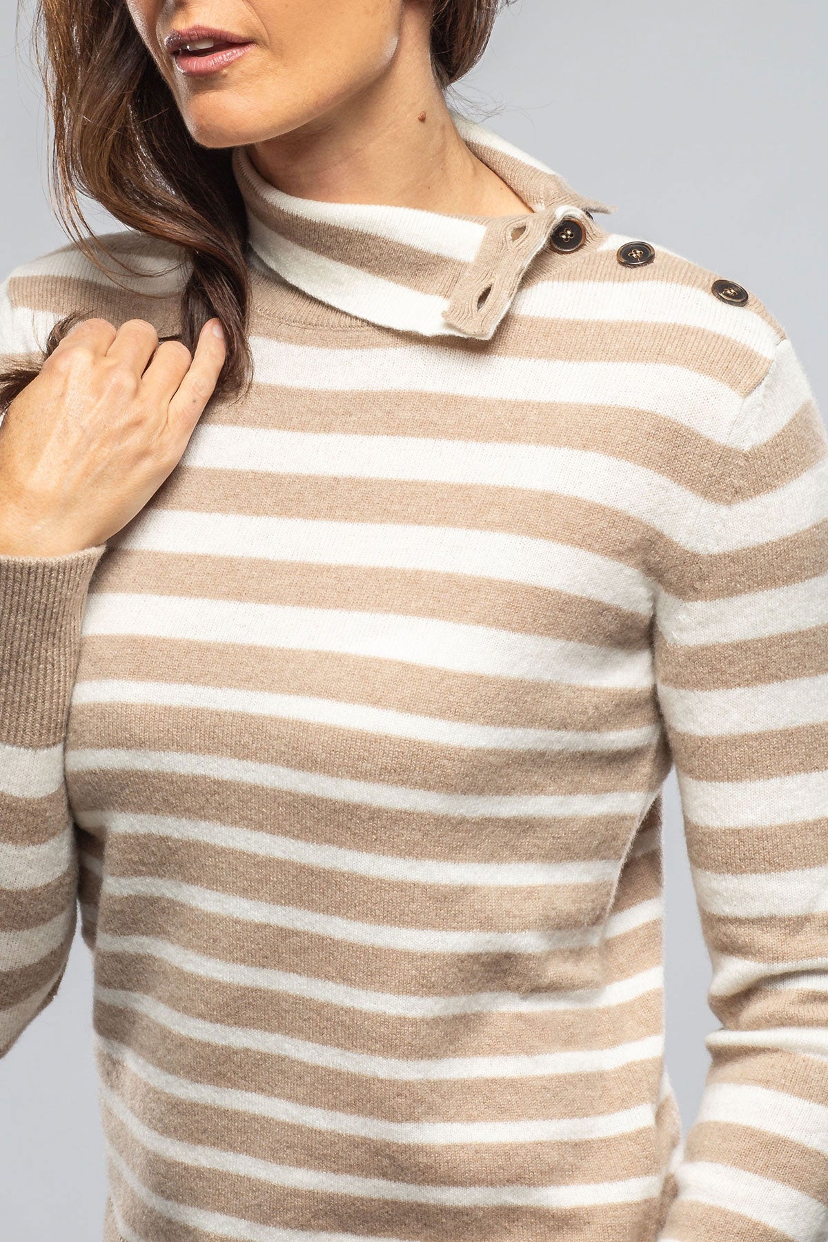 Axels Georgi Cashmere Striped Button Collar In Camel/White Ladies - Sweaters