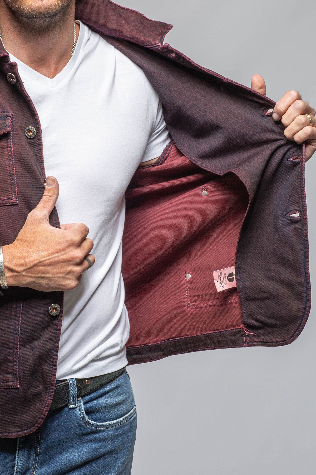 Chase Denim Jacket In Bordeaux | Mens - Outerwear - Overshirts | Teleria Zed
