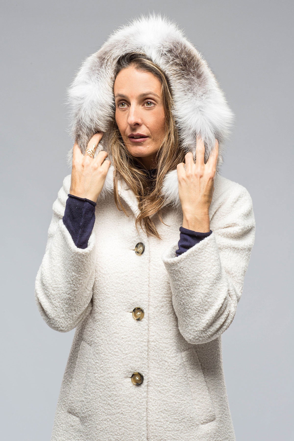 Ivana Wool Coat With Fur Lined Hood in Ivory | Ladies - Outerwear - Cloth | Axel's Florence Collection