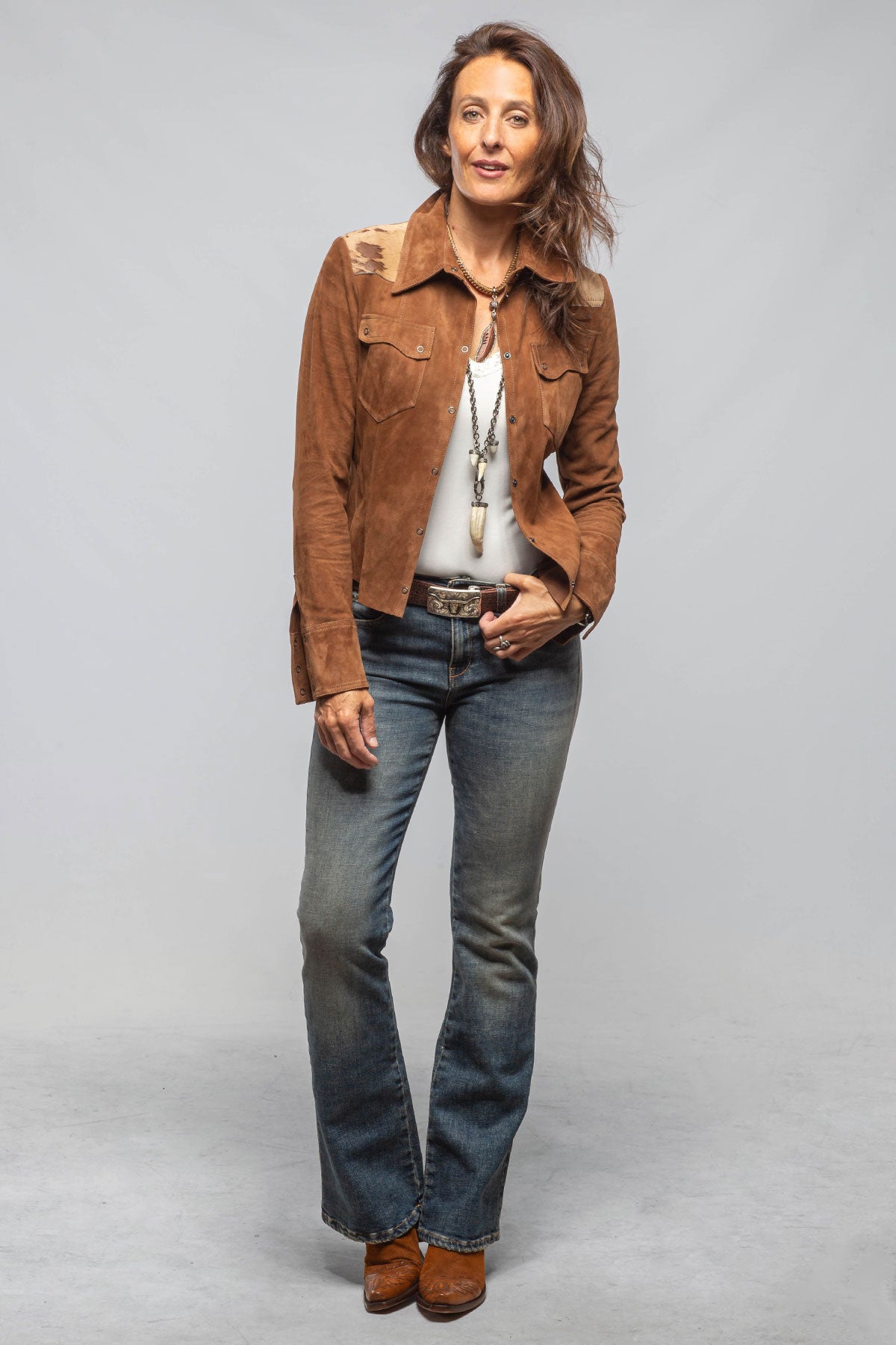 Jancy Suede Shirt W/ Hair-On-Hide In Chestnut