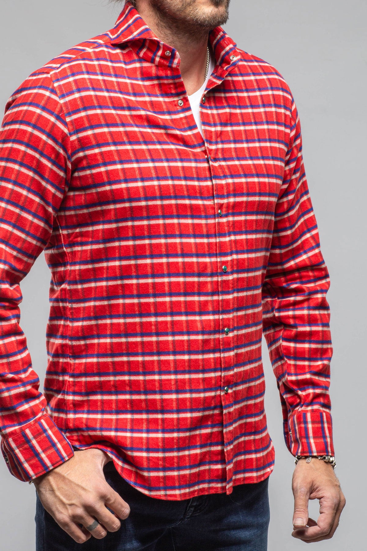 Harmony Check Flannel Snap Shirt In Red Navy