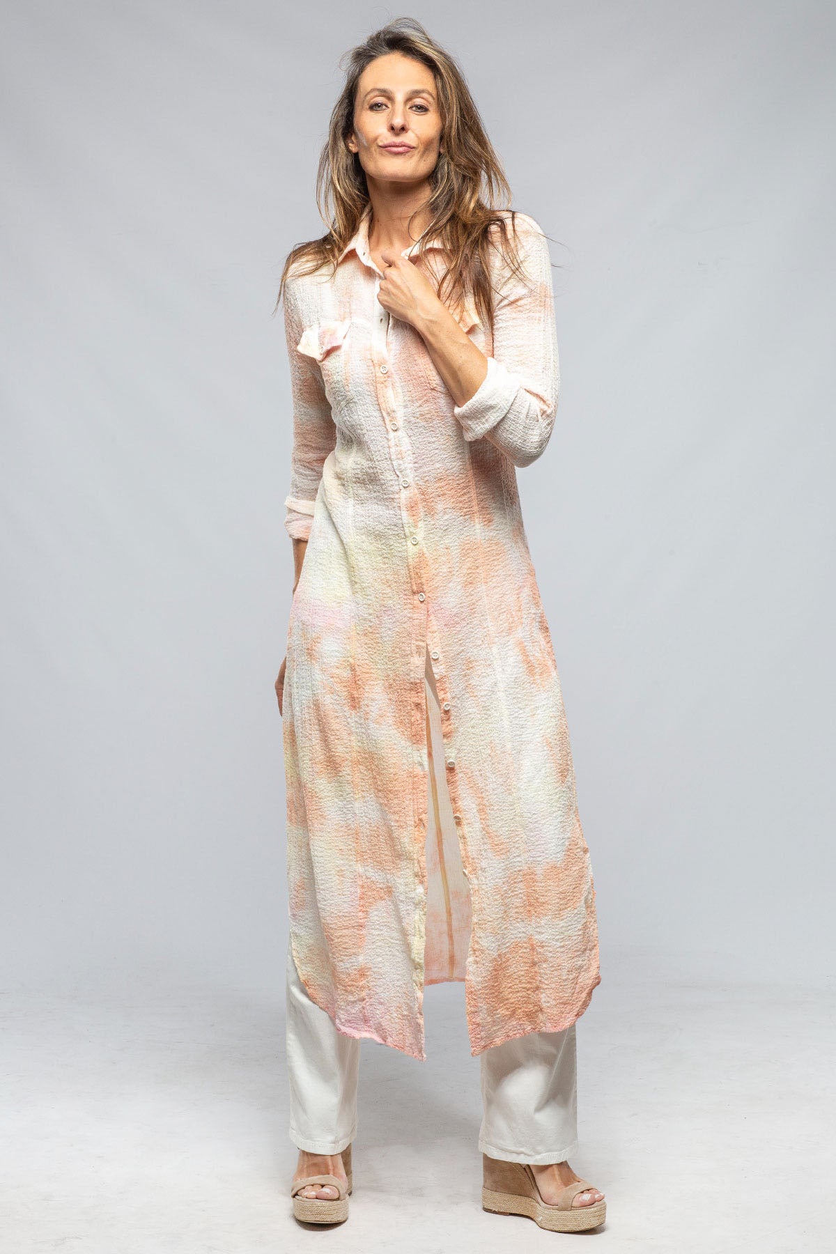 Dune Carol Crepe Cotton Long Shirt In Pink Tie Dye Ladies - Tops
