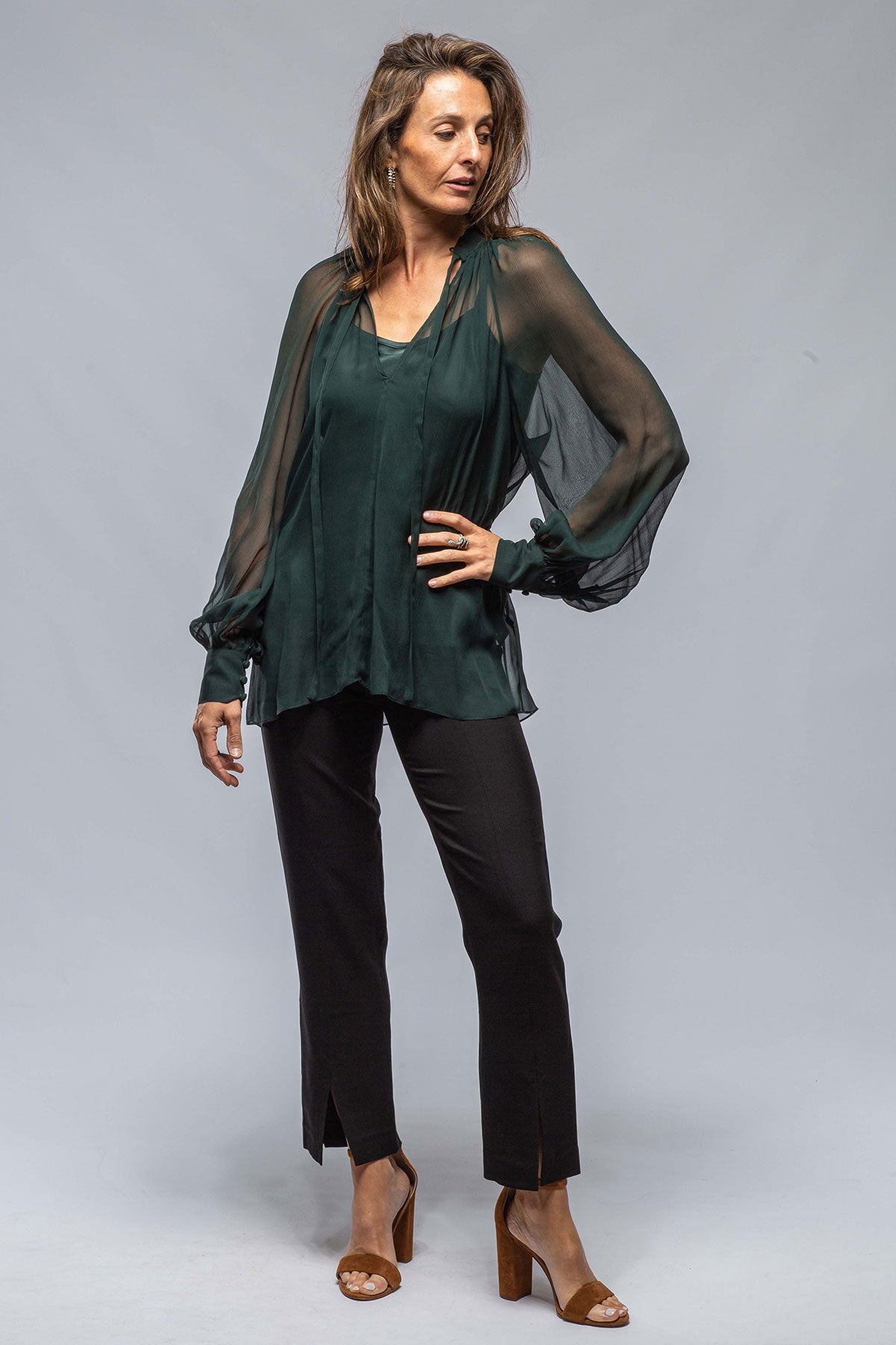 Bishop Sleeve Blouse In Forest Silk Chiffon | Ladies - Blouses | VOZ