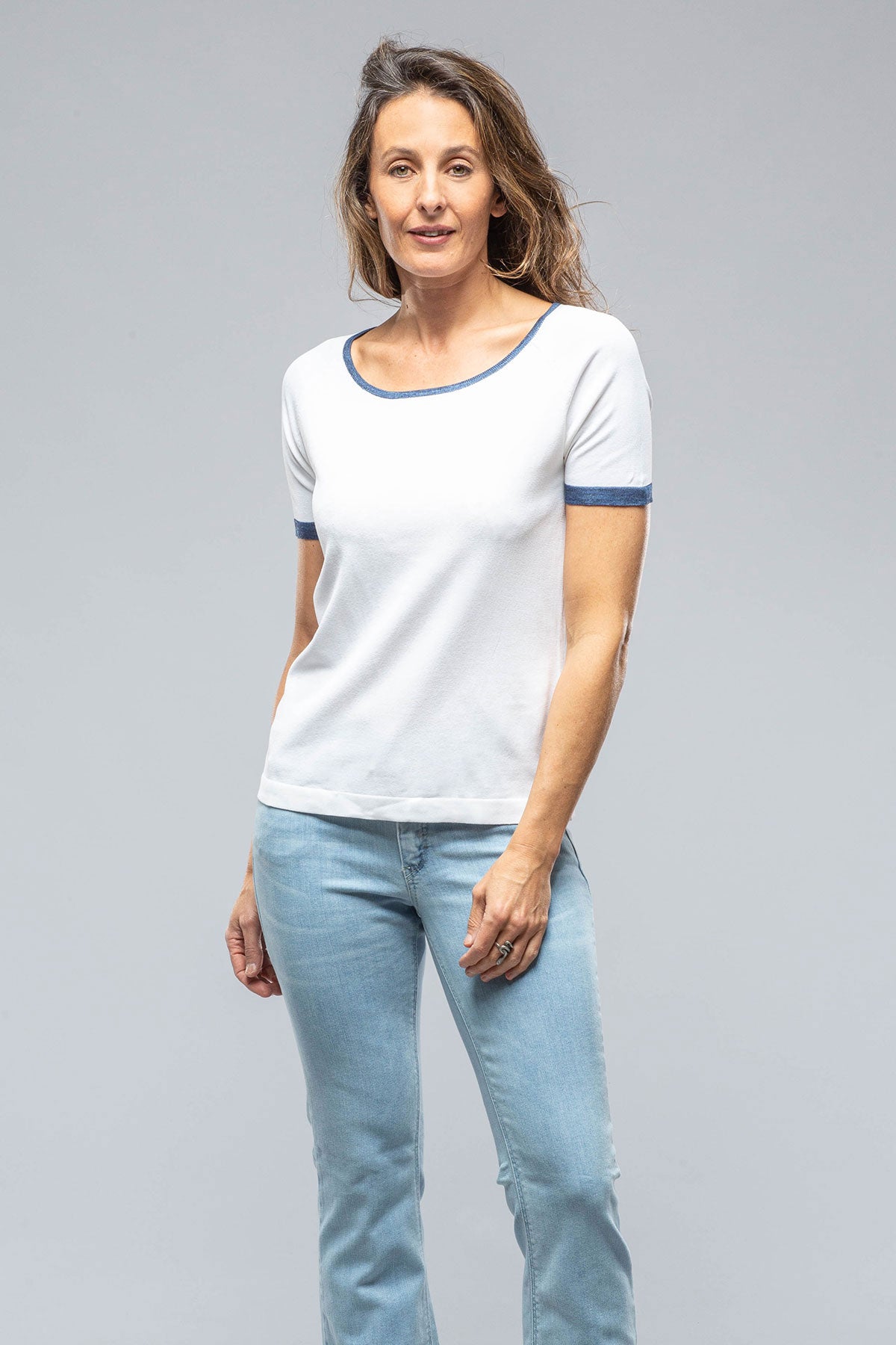 Malva Scoop Neck Top w/ Blue Trim | Ladies - Tops | Amina Rubinacci
