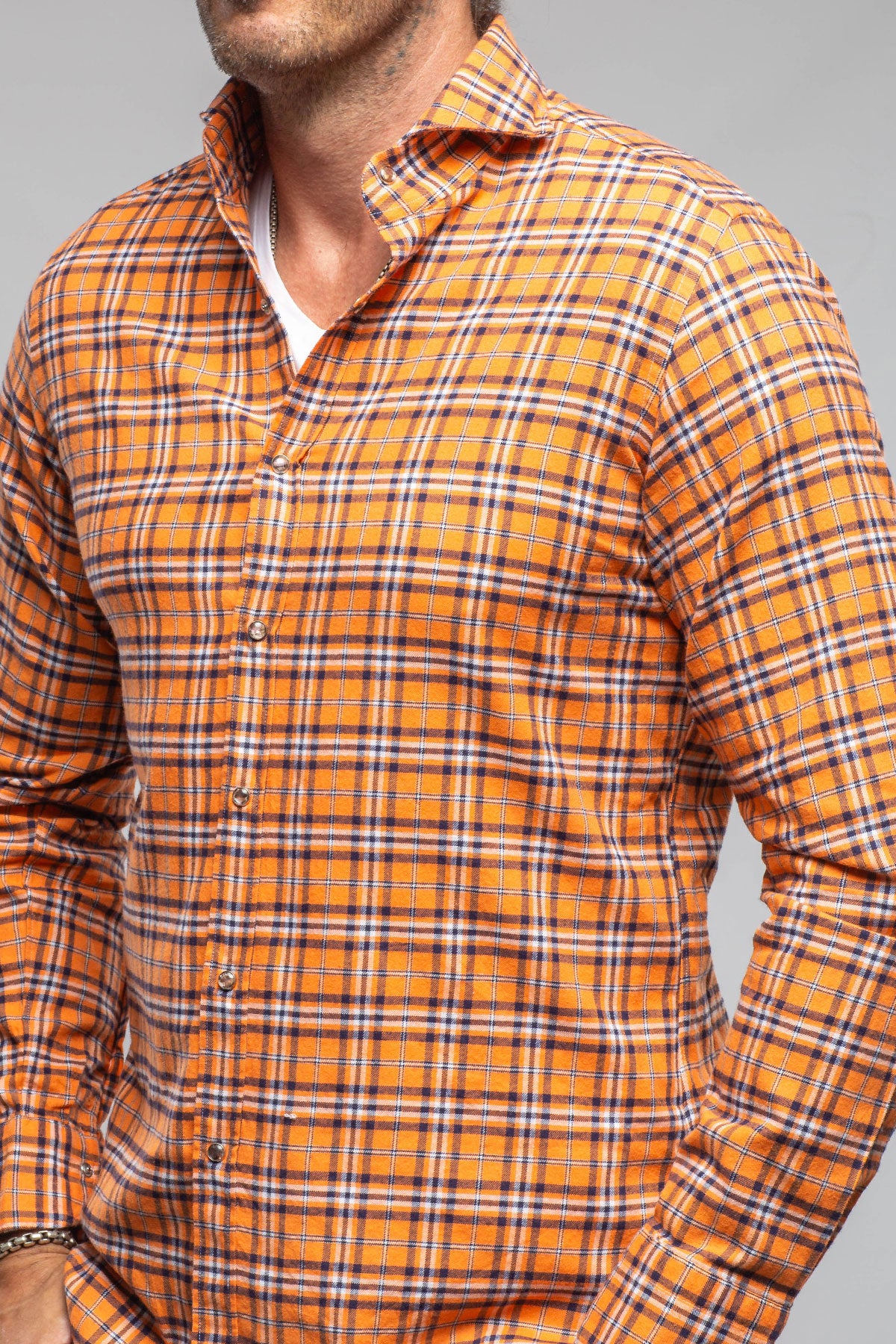 Harmony Check Flannel Snap Shirt In Orange Navy