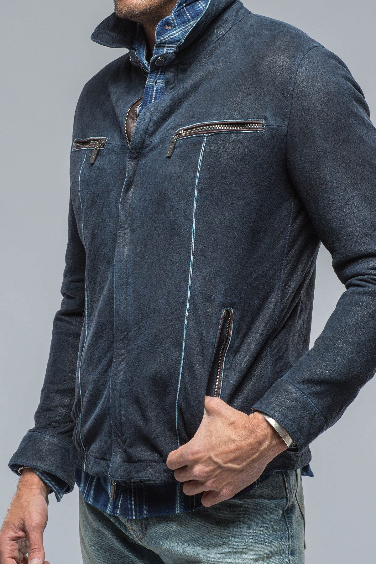 Farneta Suede Moto In Blue | Mens - Outerwear - Leather | Gimo's