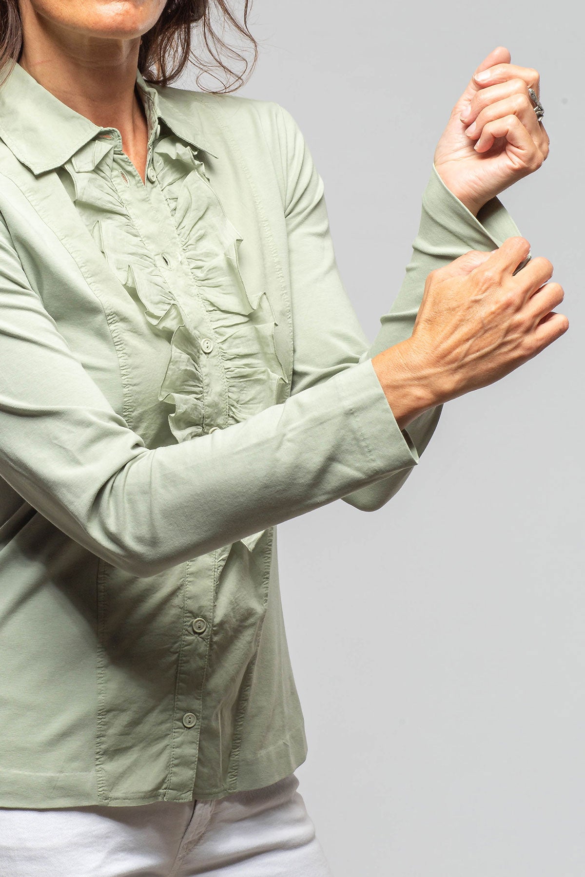 European Culture Pennelope Ruffle Front Shirt In Sage Ladies - Blouses