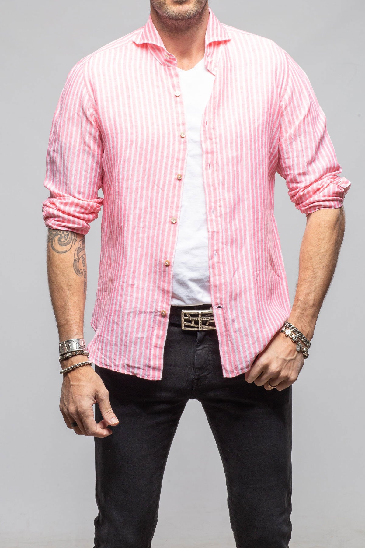 Giannetto Portofino Bulliet Linen Stripe In Pink Mens - Shirts - Dress