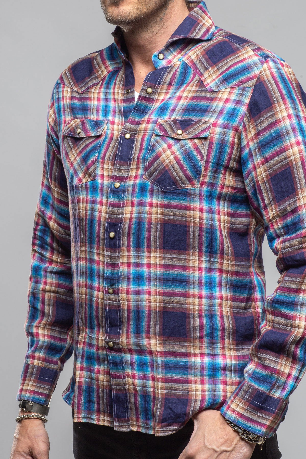 Giannetto Portofino Firenze Linen Snap Shirt In Navy Mens - Shirts - Dress