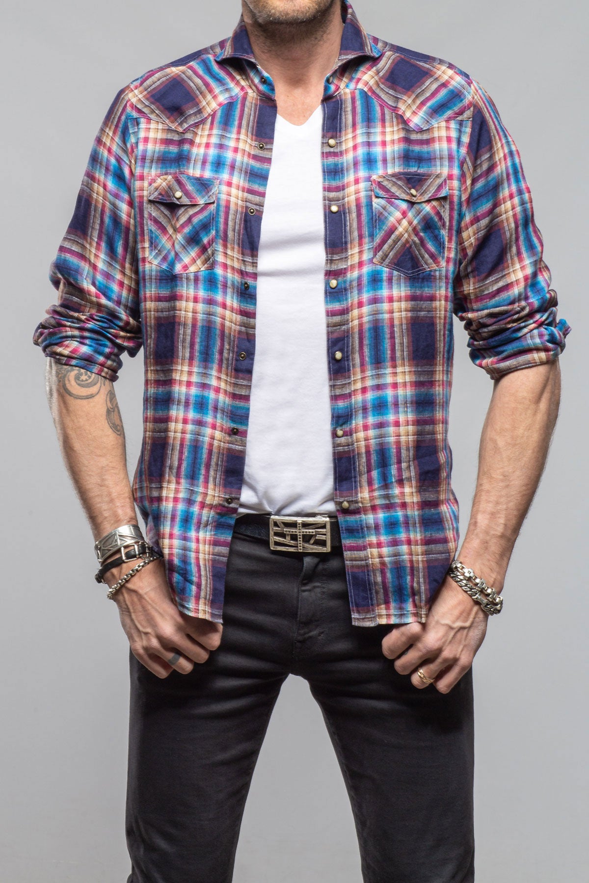Giannetto Portofino Firenze Linen Snap Shirt In Navy Mens - Shirts - Dress