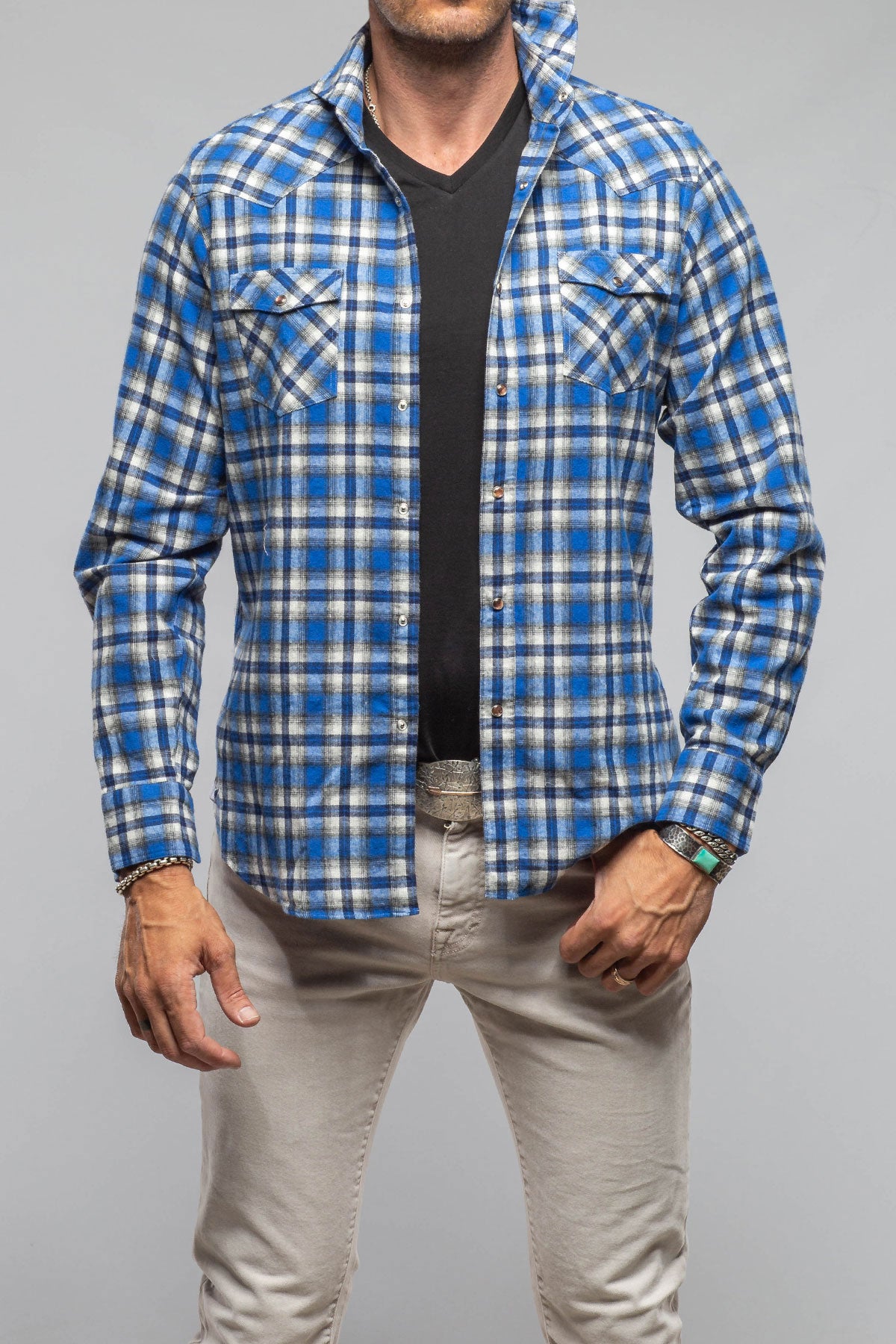 Lagoon Washed Western Check Snap Shirt In Blue Black | Mens - Shirts - Dress | Giannetto Portofino