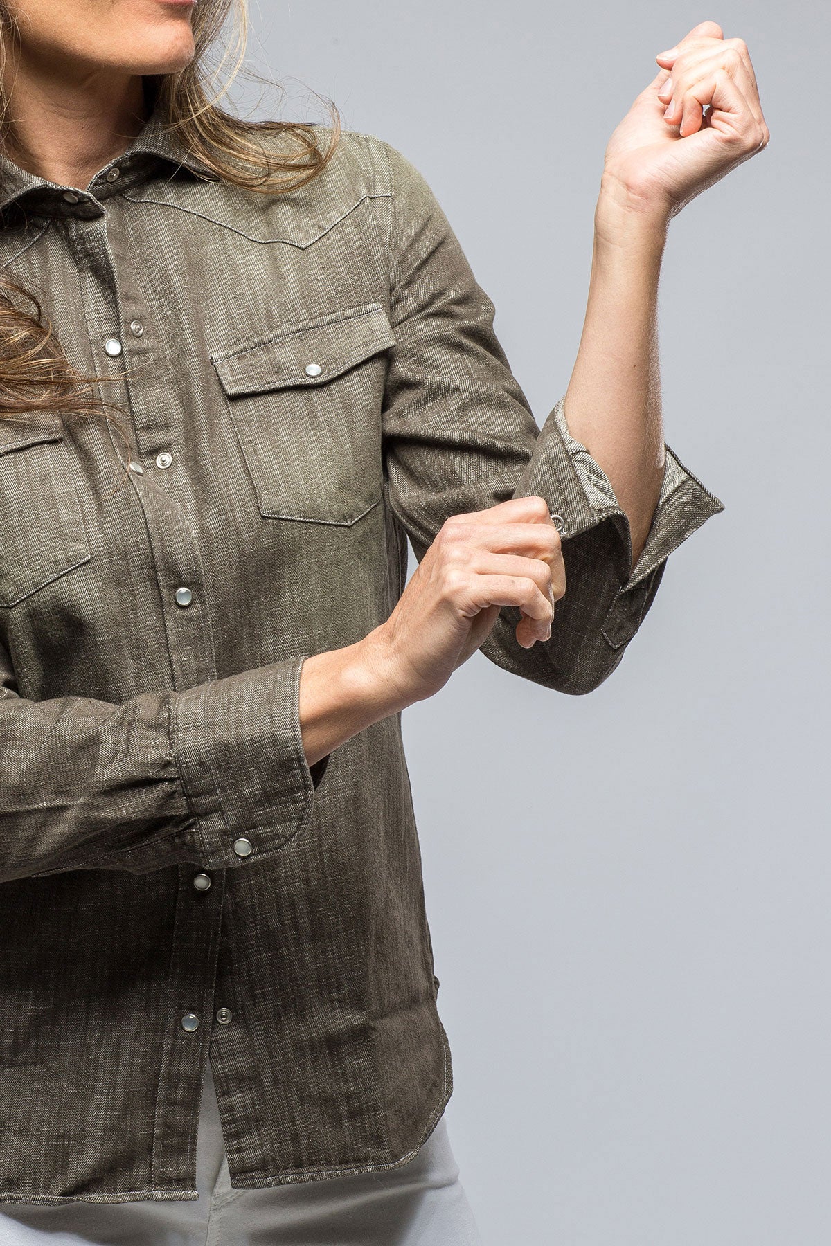 Giannetto Portofino Misty Sand Washed Jean Shirt In Military Ladies - Tops