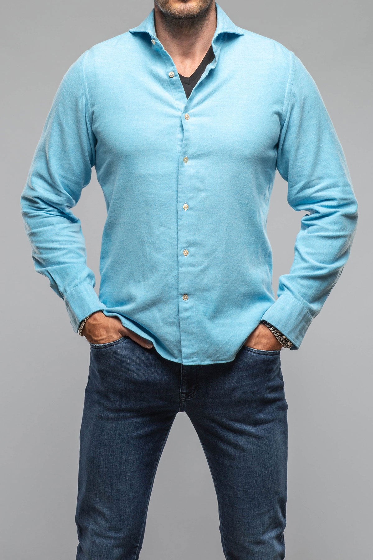 Giannetto Portofino Tranquil Washed Cotton Flannel In Blue Mens - Shirts - Dress