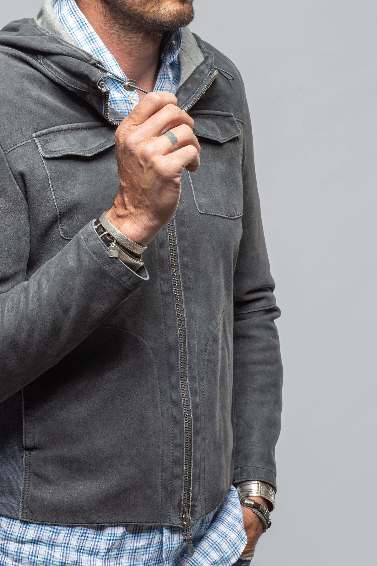 Donnarumma Suede Hoodie In Denim Blue | Mens - Outerwear - Leather | Gimo's
