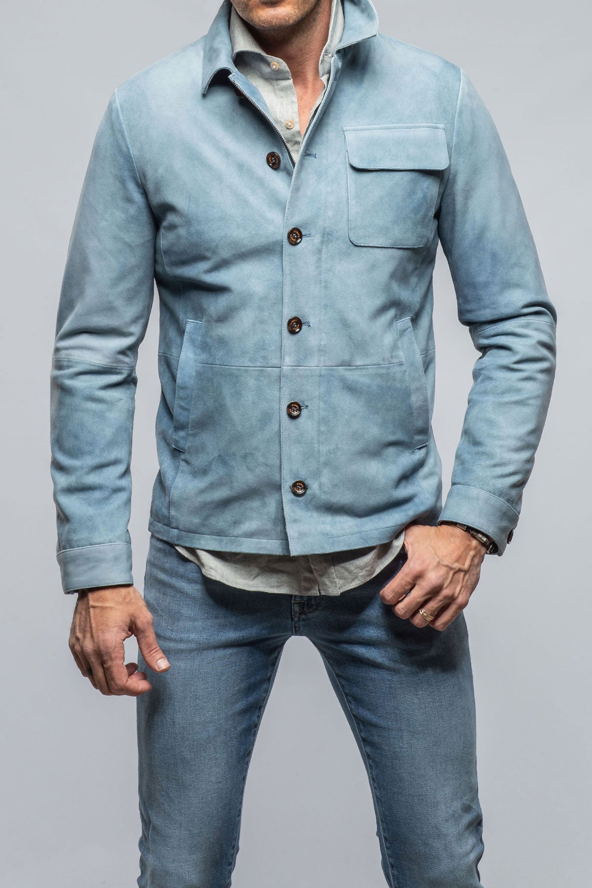 Gimo's Oakley Suede Shirt Jacket In Blue Ice Mens - Outerwear - Leather
