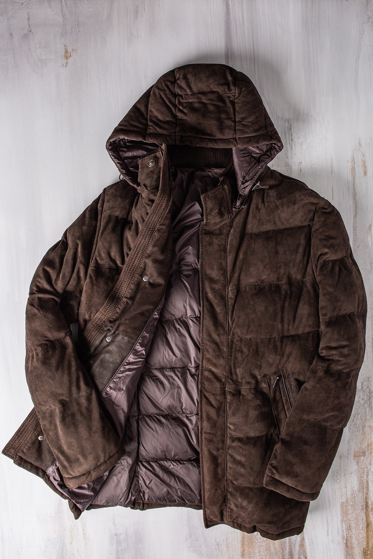 Reardon Suede Down Puffer | Samples - Mens - Outerwear - Leather | Gimo's