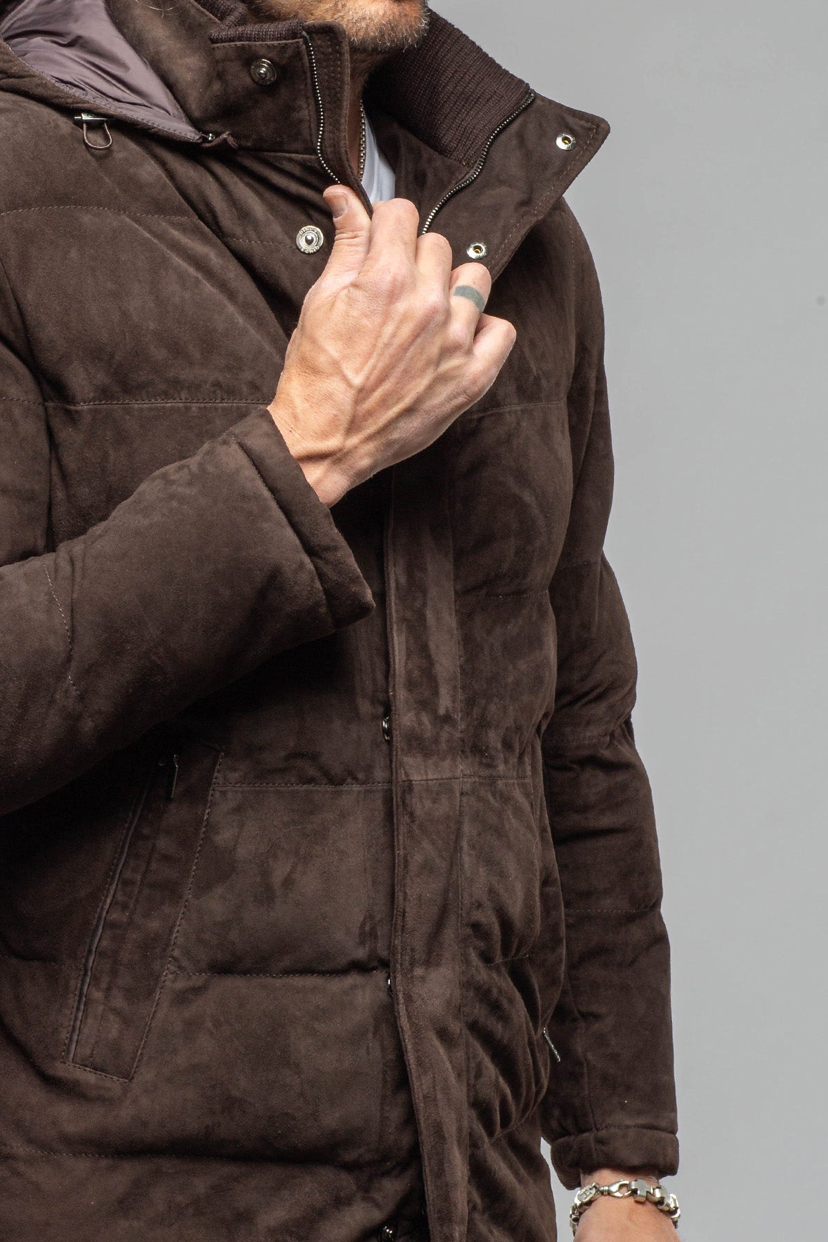 Gimo's Reardon Suede Down Puffer Samples - Mens - Outerwear - Leather