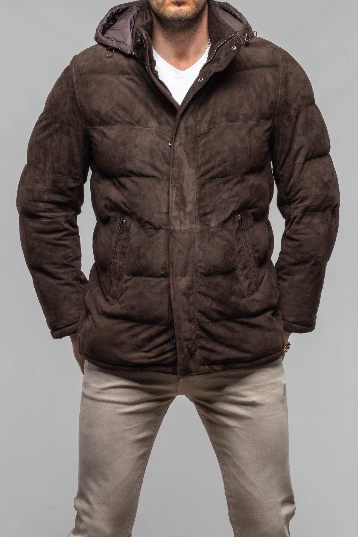 Gimo's Reardon Suede Down Puffer Samples - Mens - Outerwear - Leather