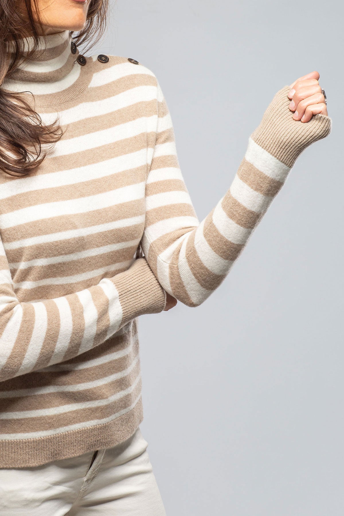 Georgi Cashmere Striped Button Collar In Camel/White | Ladies - Sweaters | Axels
