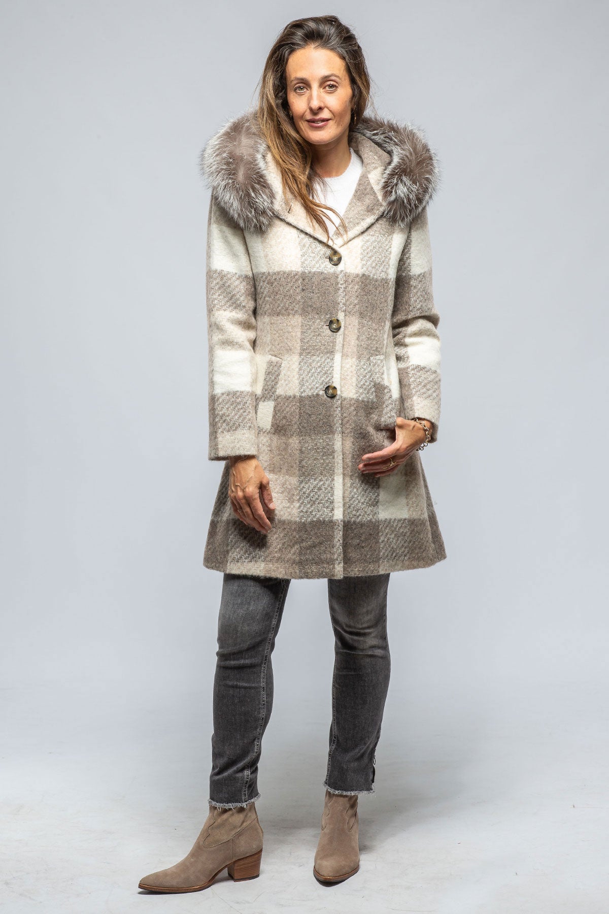 Celine Plaid Coat W/ Fur Trim Hood In Beige | Ladies - Outerwear - Cloth | Axel's Florence Collection