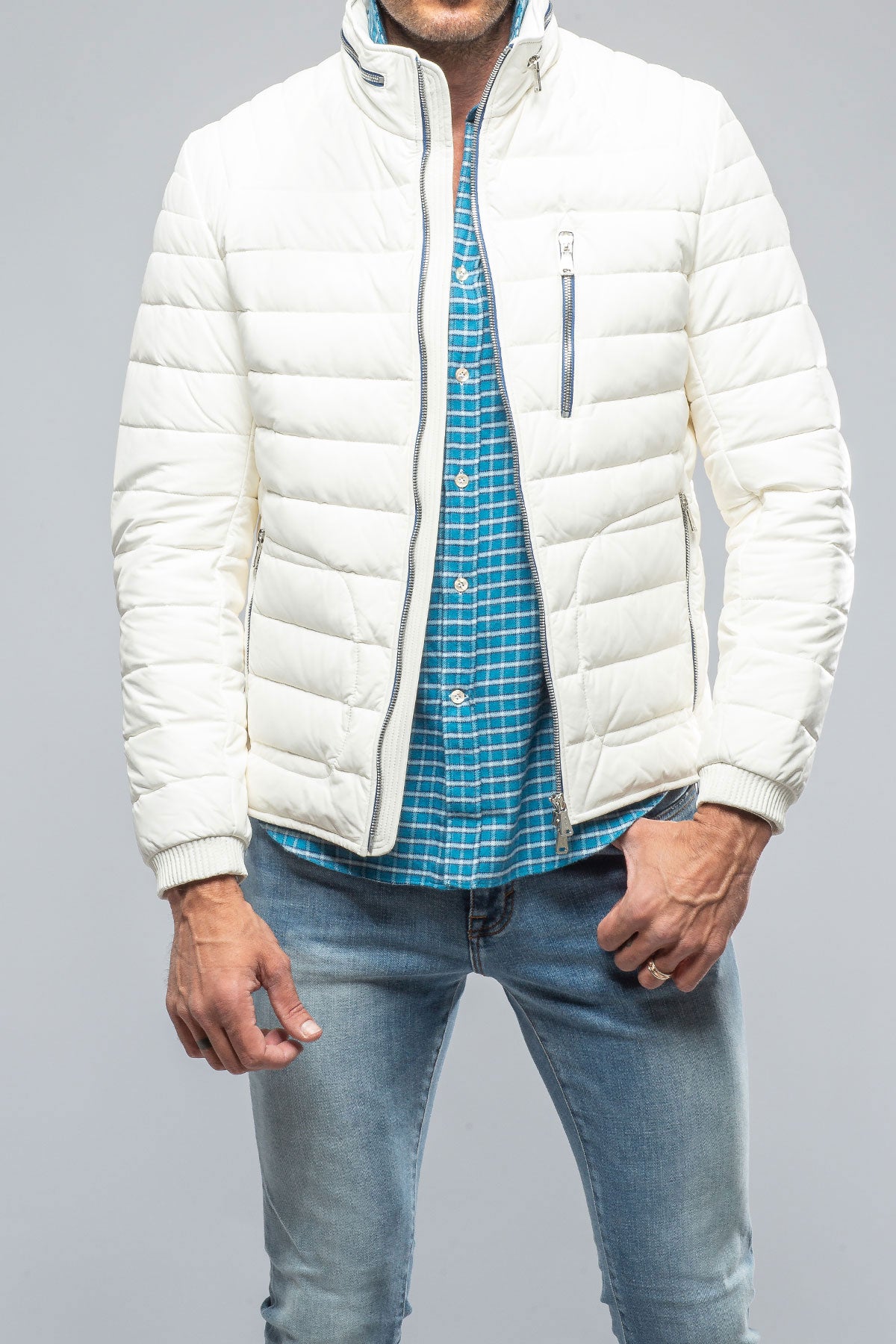 F1 Racer Down Jacket In White | Mens - Outerwear - Leather | Heinz Bauer